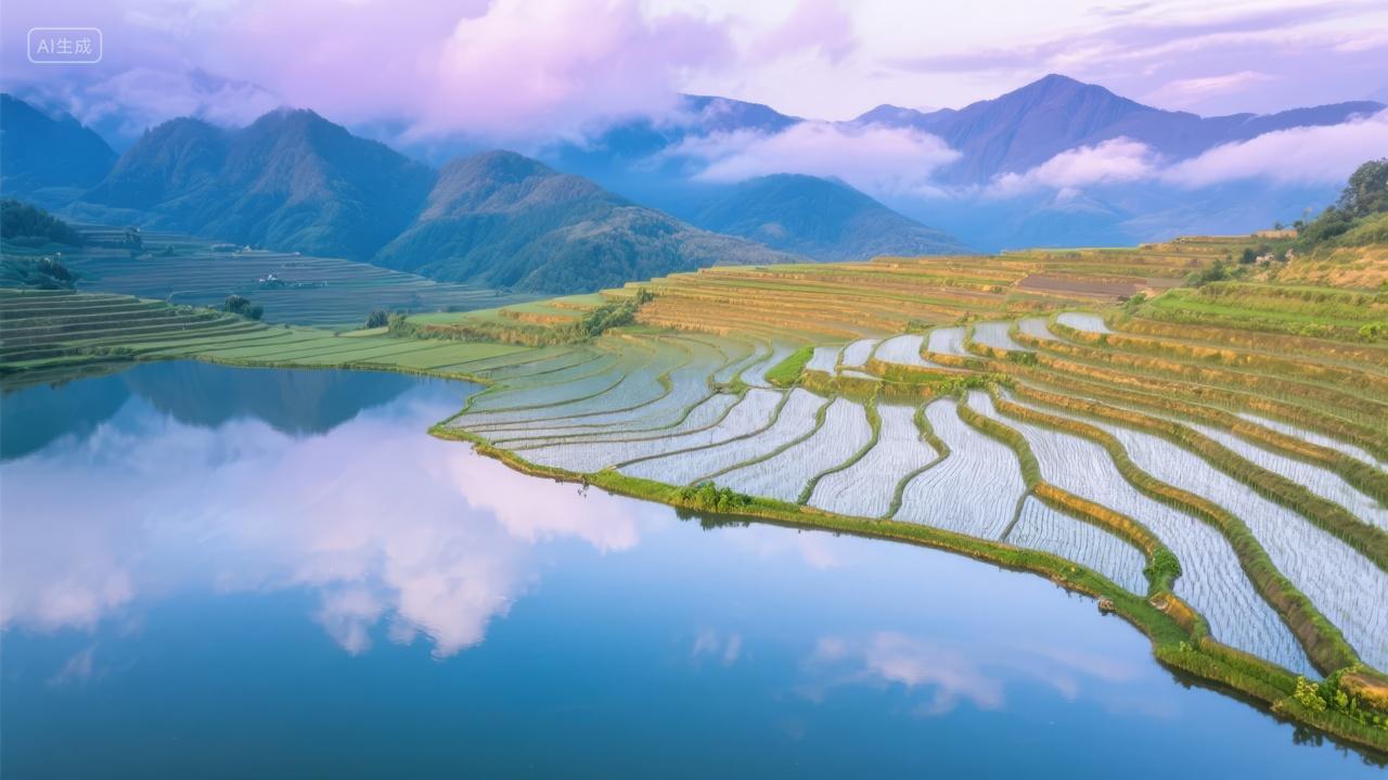 梯田水面倒影天空农业景观旅游风景背景