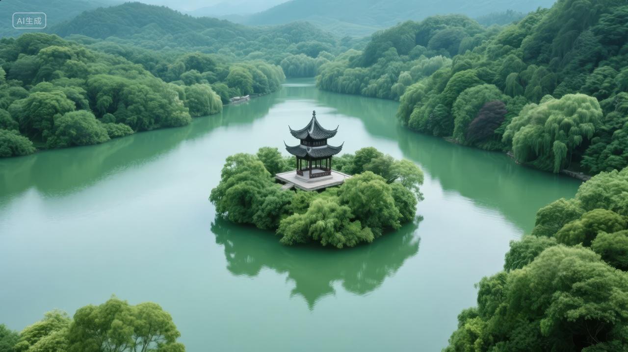 夏至节气湖心岛亭子绿树倒影山水画意背景图