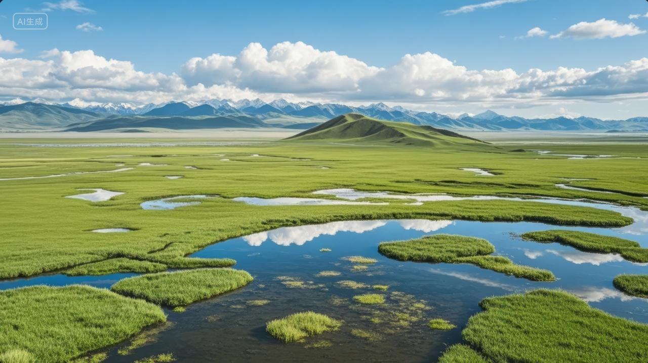 夏季湿地草原湖泊自然风光旅游航拍背景