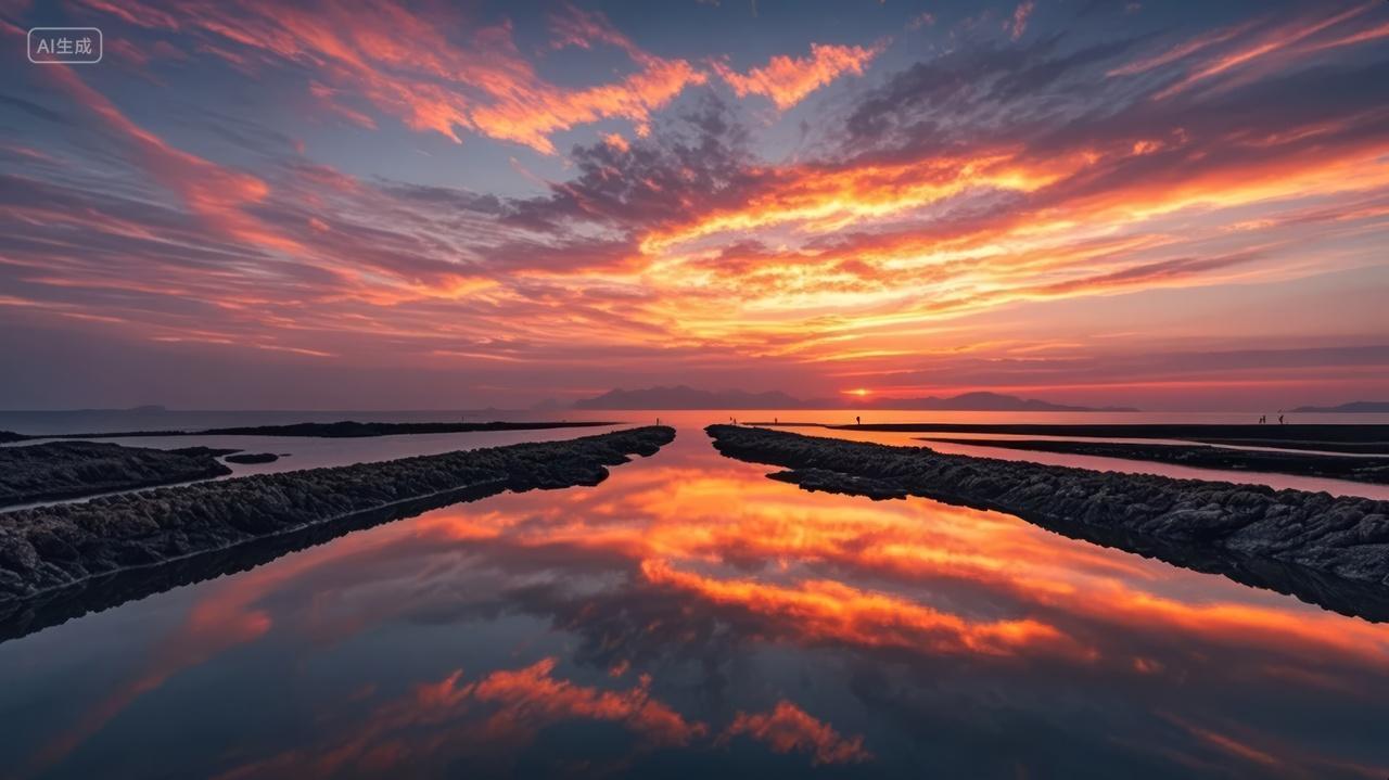 海边日落倒影火烧云壮丽自然风光背景图