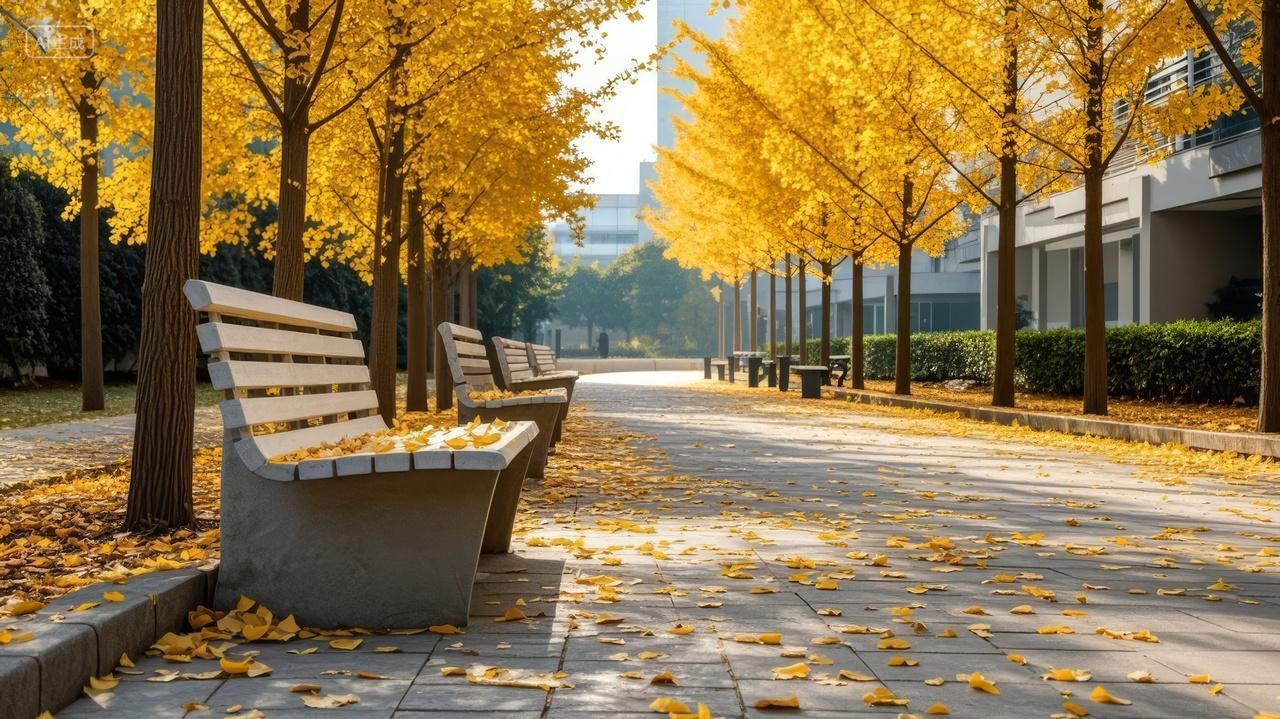 秋季大学校园银杏大道长椅浪漫生活背景
