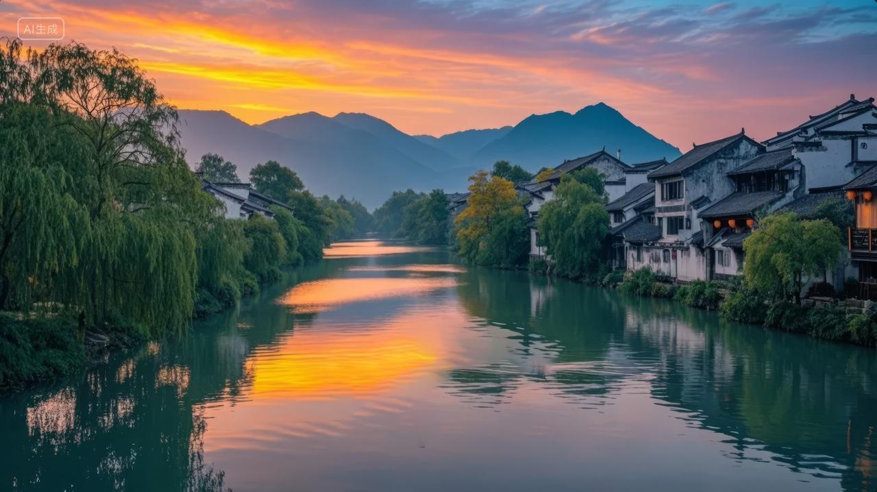 江南水乡古镇乌篷船夜景灯光倒影旅游背景