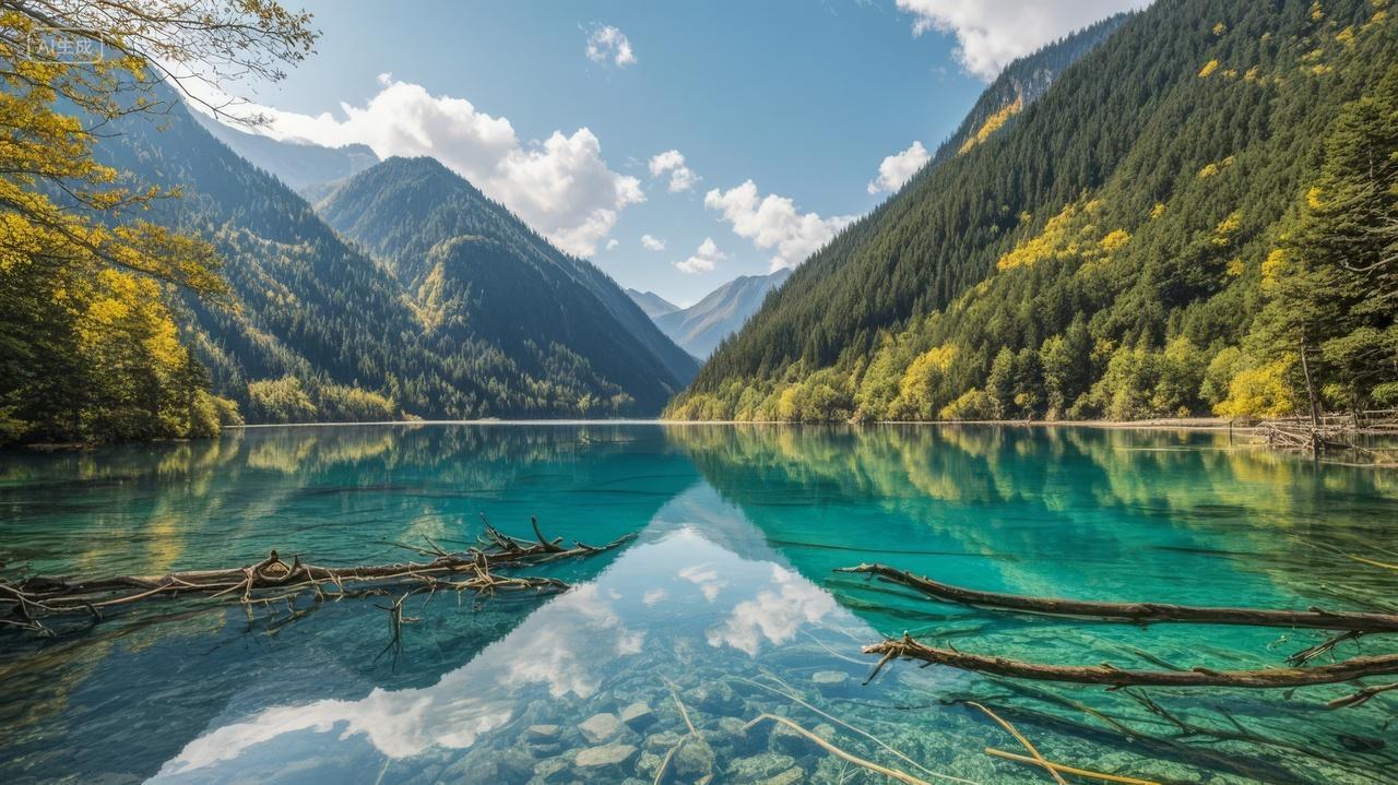 九寨沟镜海雪山森林倒影自然风光旅游背景