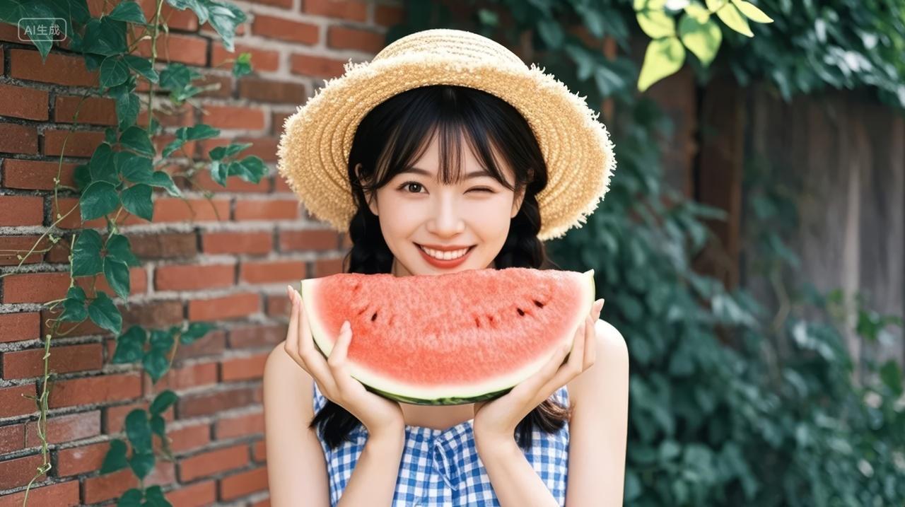 立夏节气少女草帽吃西瓜清凉夏天背景图