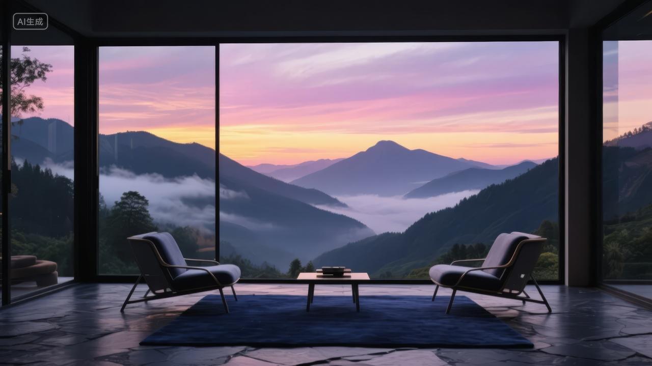 现代简约家居客厅窗外山景日落休闲生活背景