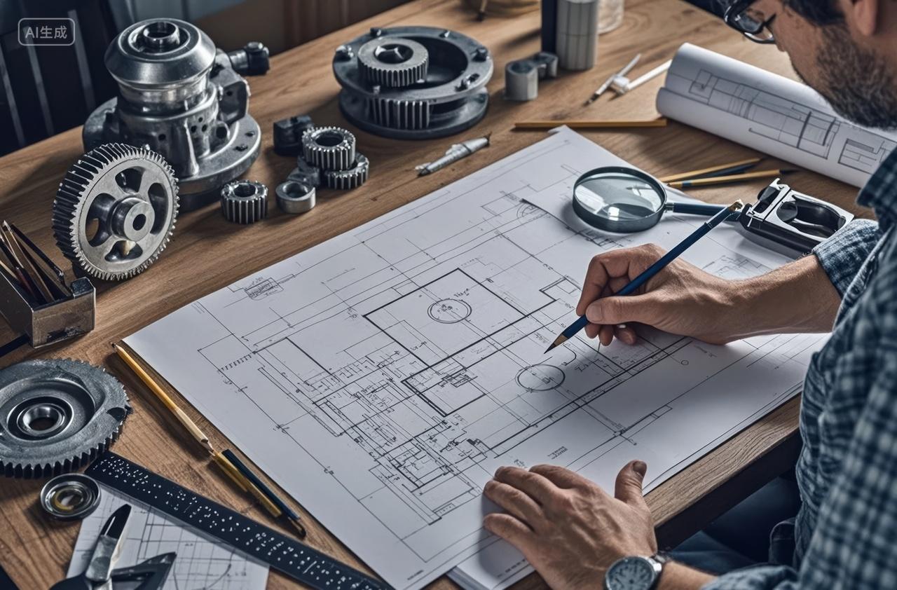 工程师设计师绘图纸尺规专注工作场景背景