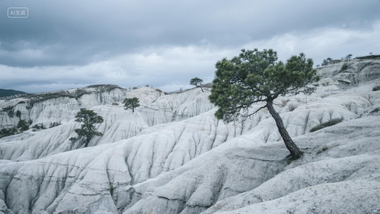 白色岩石孤树苍凉坚韧生命力自然风光背景