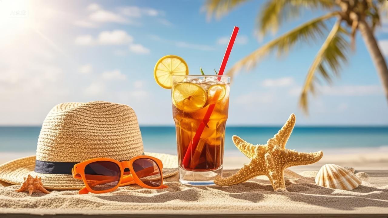 夏至节气海滩冰红茶草帽度假休闲生活背景