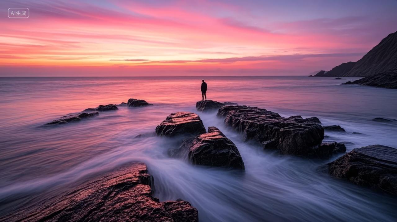 海边礁石长曝光日落剪影孤独意境背景图