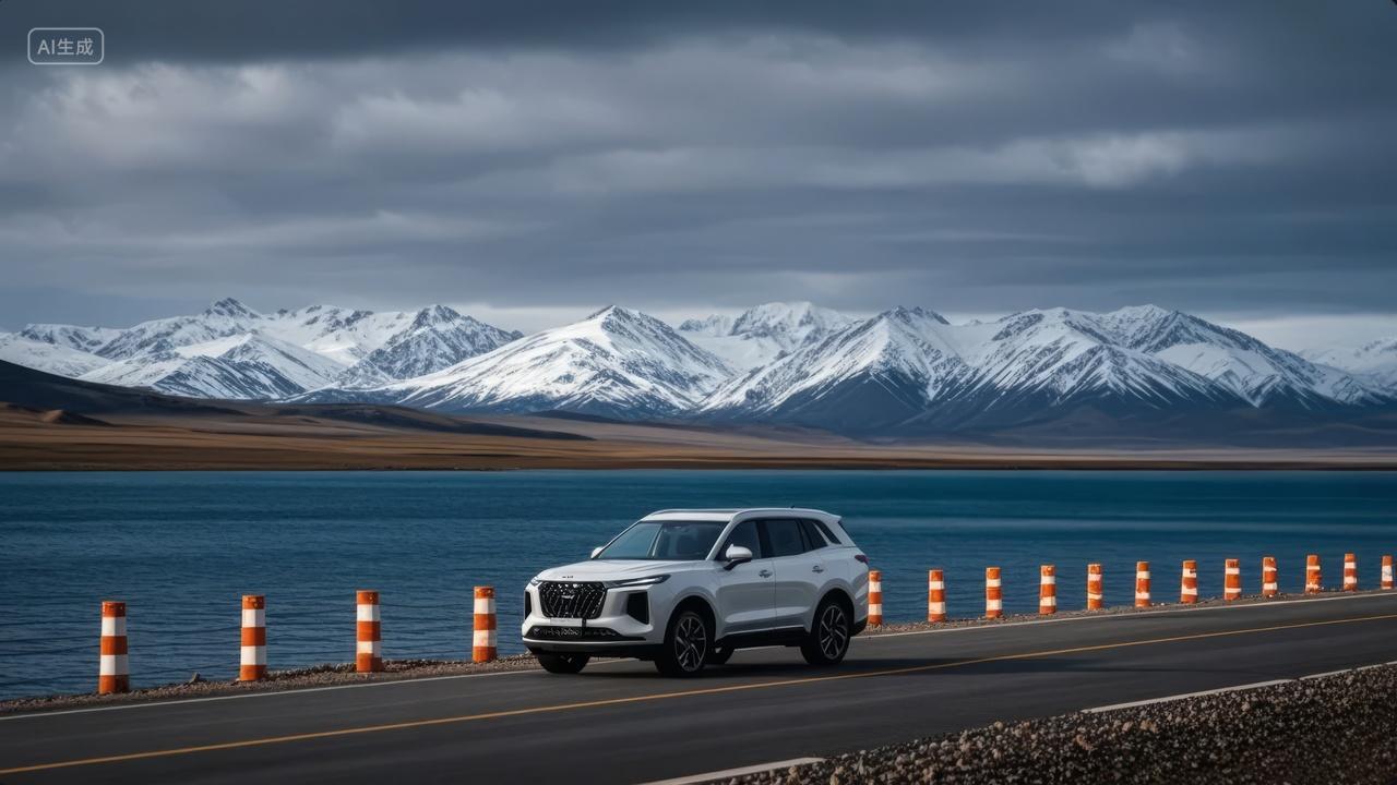 冬季雪山湖边公路汽车自驾游旅行风光背景