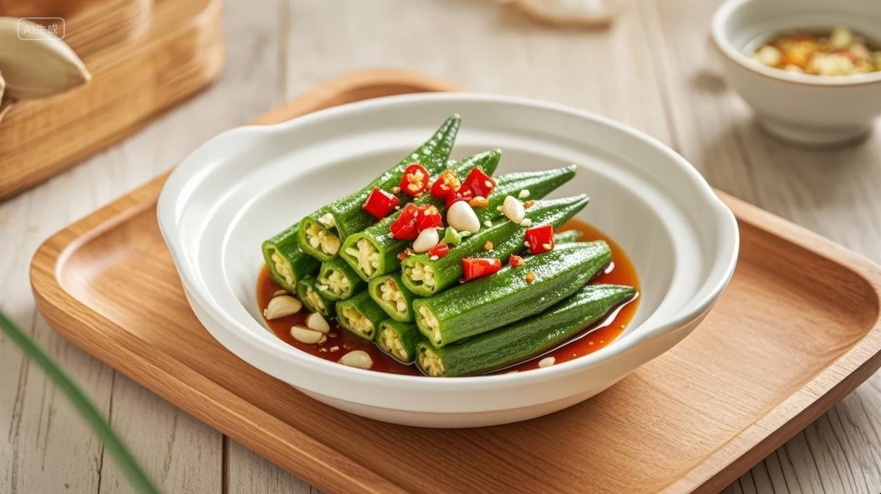 凉拌秋葵夏季开胃菜健康饮食菜谱背景图