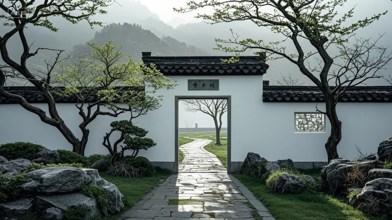 中式园林月亮门白墙黛瓦禅意庭院背景图