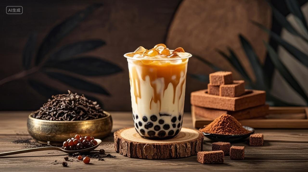 珍珠奶茶饮品甜品木桌餐饮休闲背景图