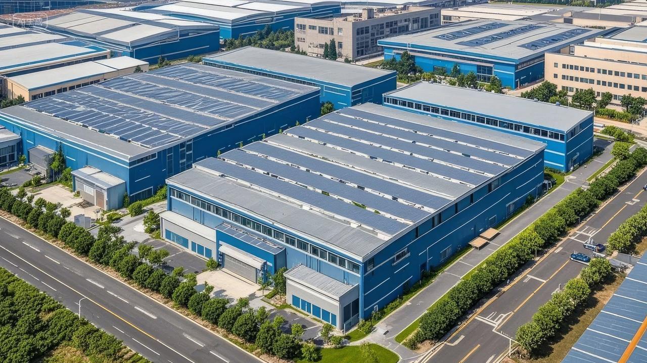 现代工厂航拍屋顶太阳能工业区环保背景