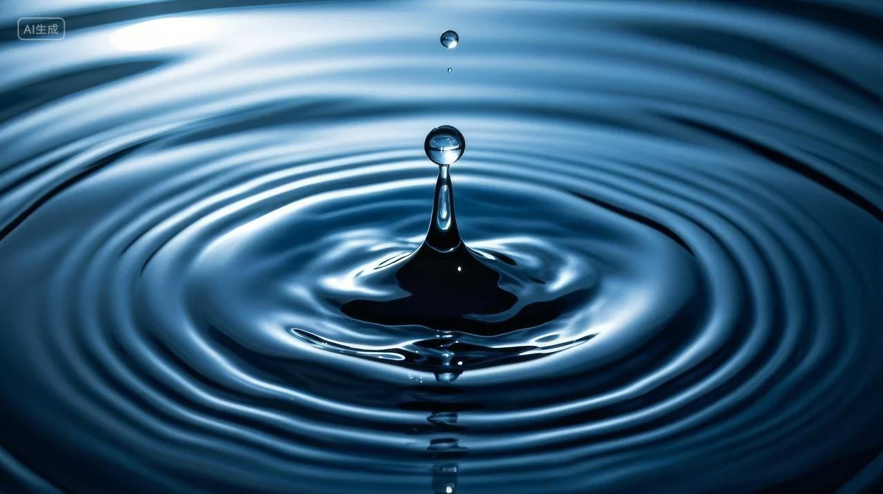 水滴落入蓝色水面涟漪特写动态背景图