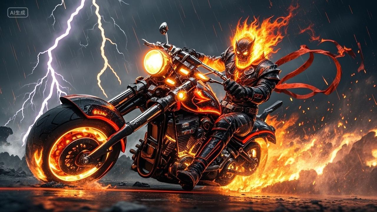 科幻特效一个人骑着摩托车带着火焰前行的科幻画面