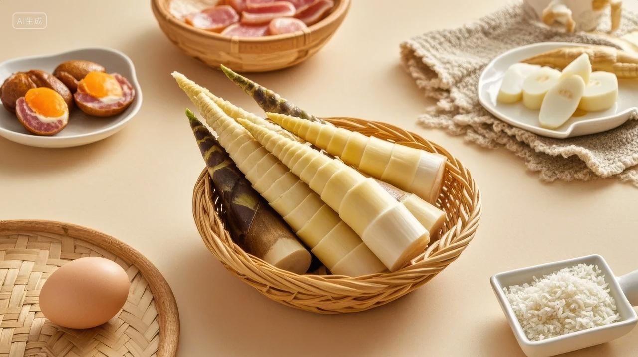 春笋腊肉咸鸭蛋食材美食烹饪菜谱背景图