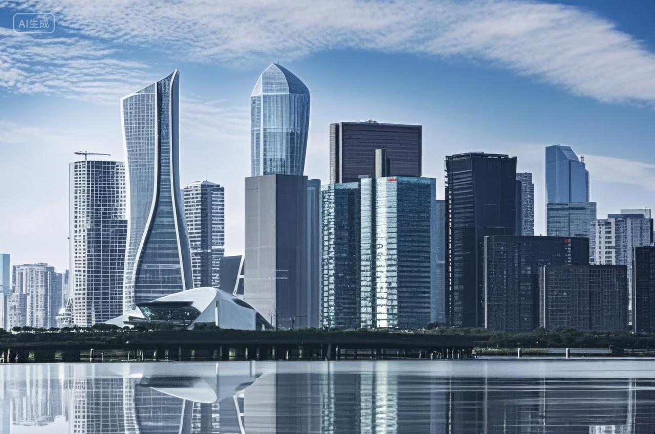 现代城市天际线倒影摩天大楼商务区背景