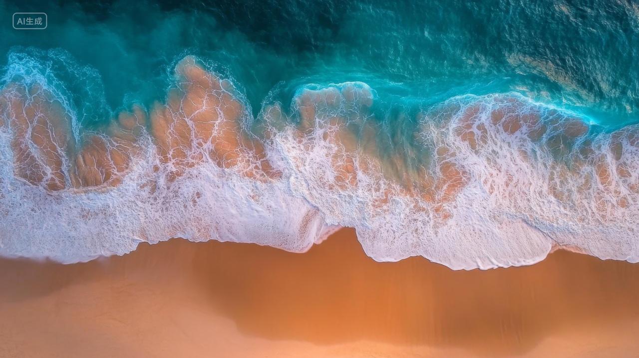 航拍海滩海浪拍打沙滩的壮丽景色小清新电脑壁纸