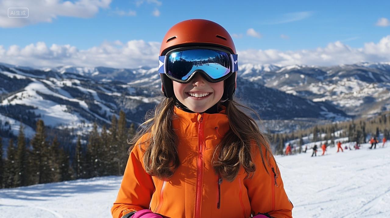 冬季女孩滑雪蓝天远山橙色夹克立冬冬至冬天小雪插画