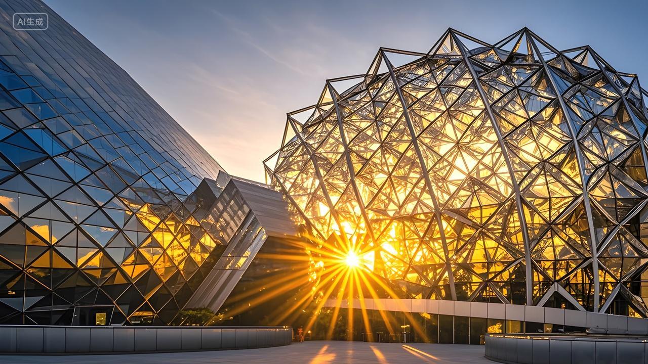 金色的太阳光照射着城市地标建筑广告摄影照片