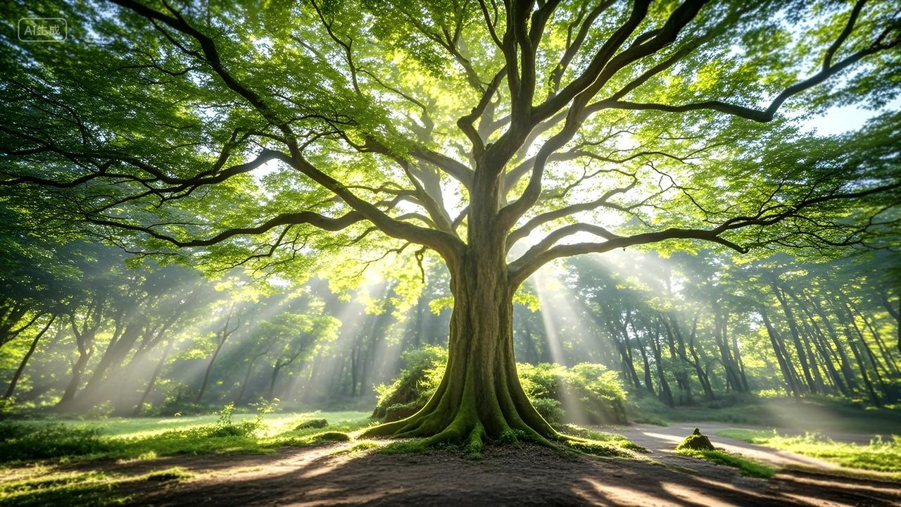 阳光照射原始森林的大树氛围感满满的广告海报摄影照片