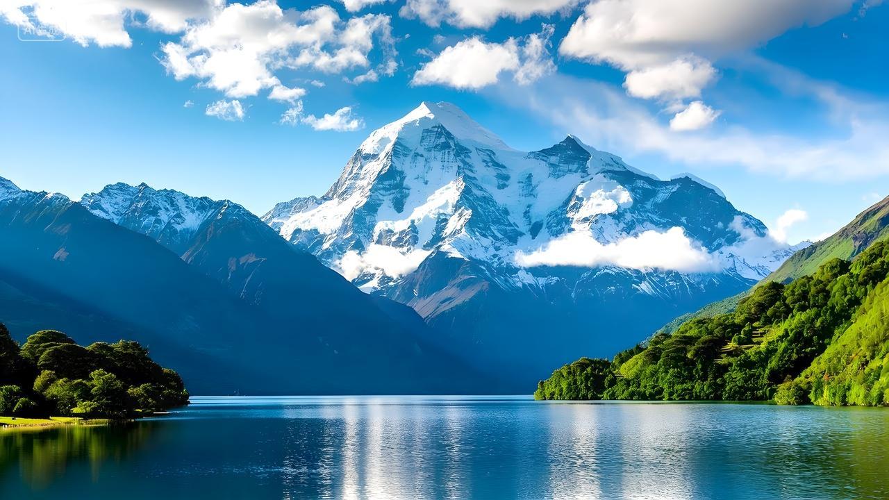 绿树青山绿水山水雪白雪山蓝天白云湖泊倒影唯美大气背景图最美风景画风光画电脑壁纸