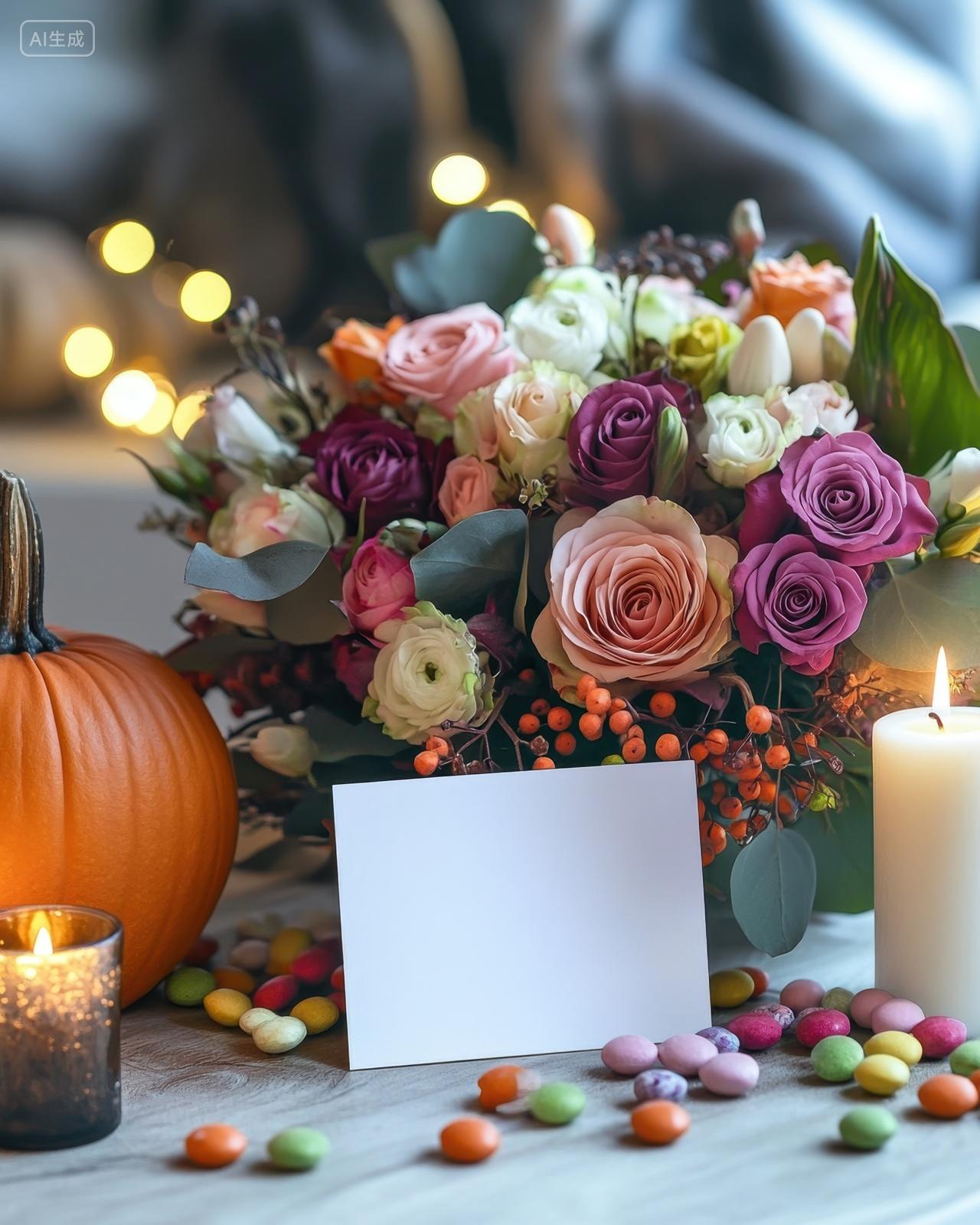 感恩节桌子上的花束与白色空白贺卡