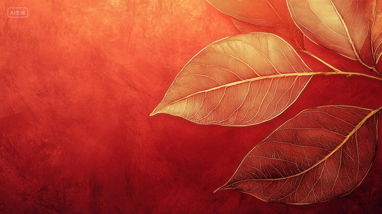 红色背景上的金色叶脉