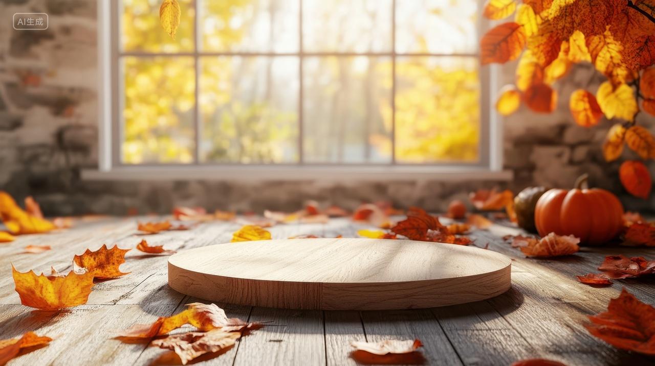 感恩节电商场景秋天窗台边的木质圆台