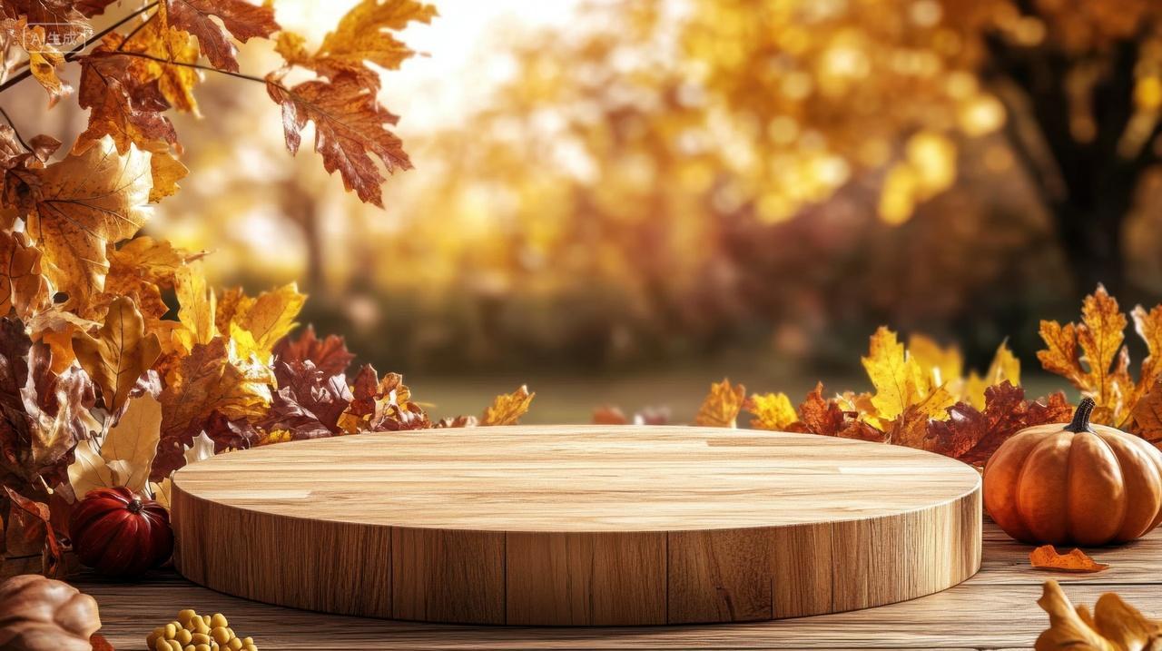 感恩节电商场景秋叶下的木质圆台