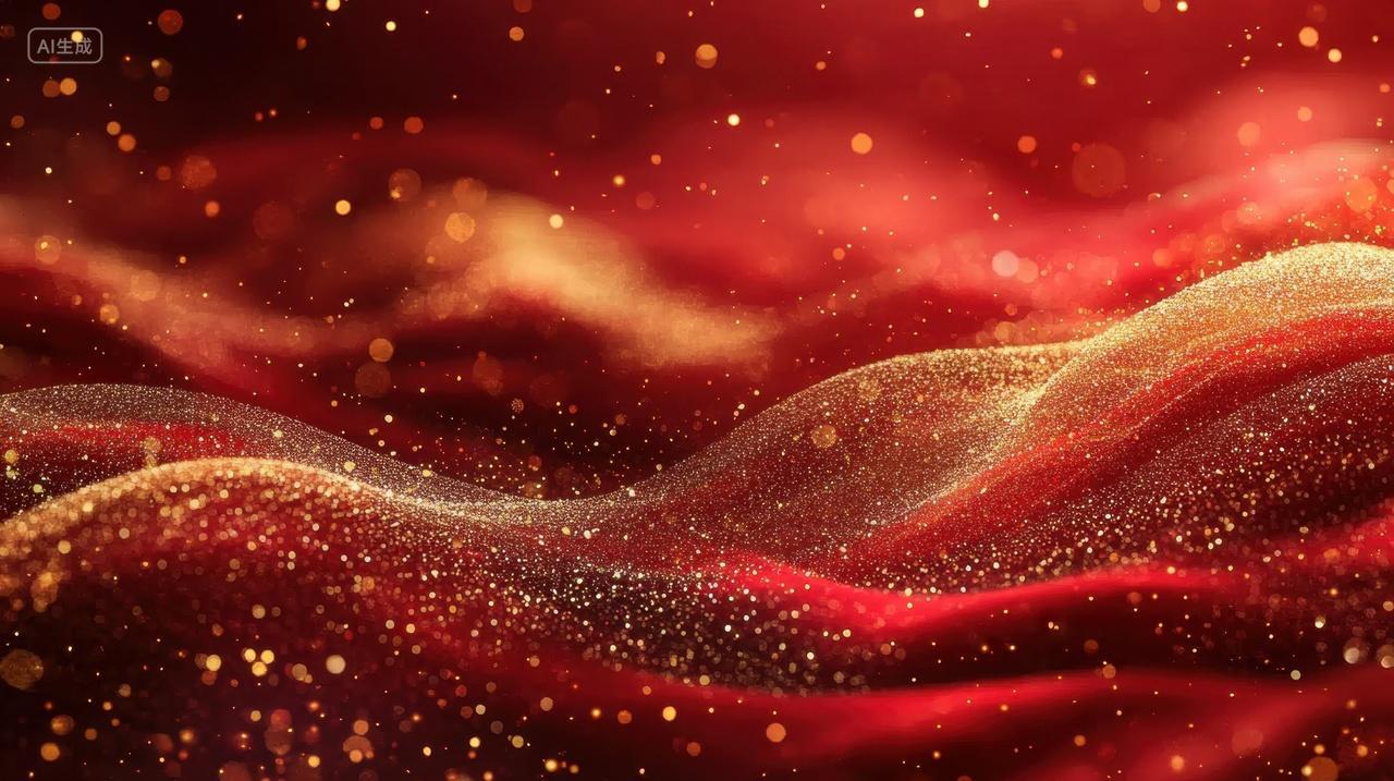 金色粒子波浪与企业年会光效红色背景