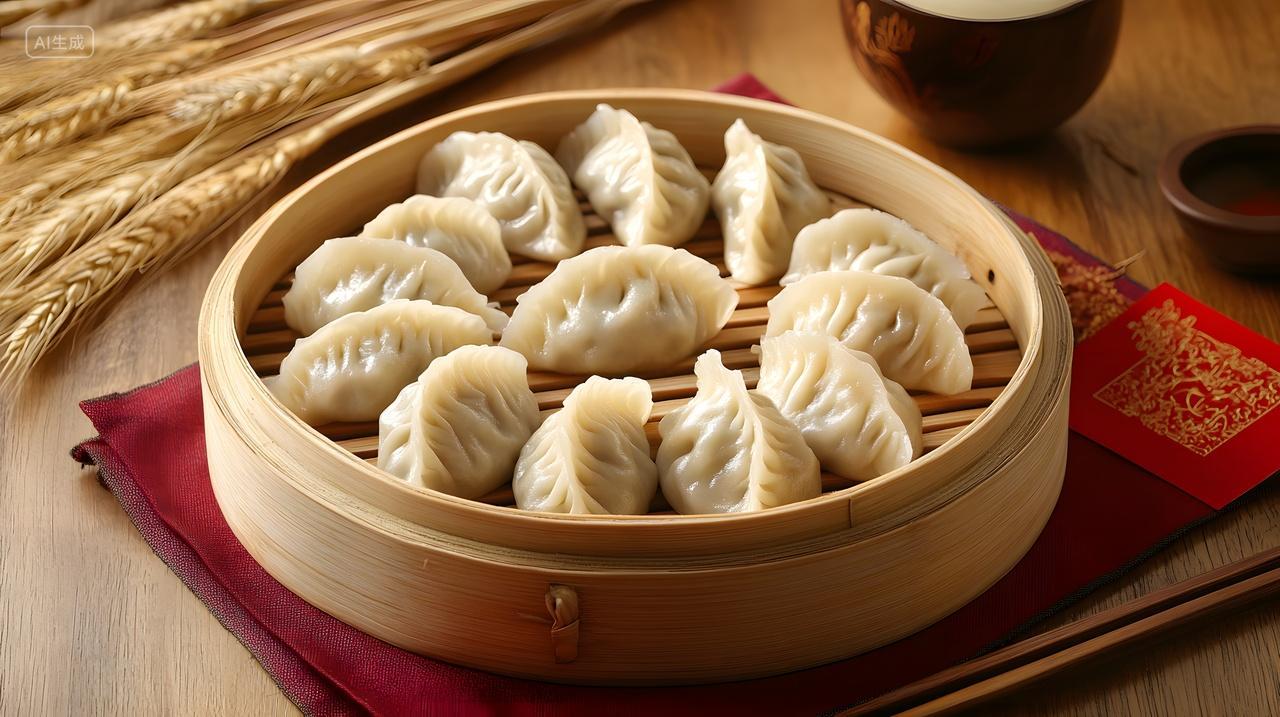 冬至新年红包竹蒸笼饺子配红色节庆装饰与麦穗