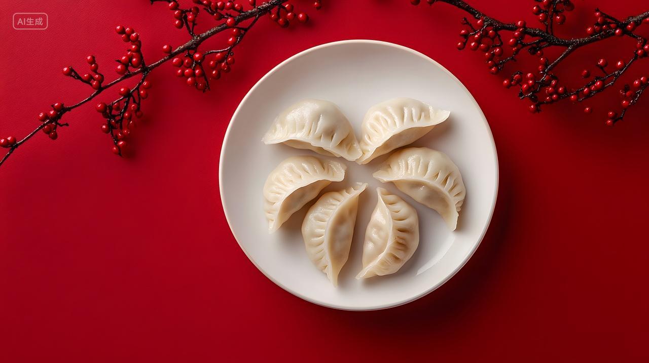 冬至梅花装饰白盘饺子中式美食