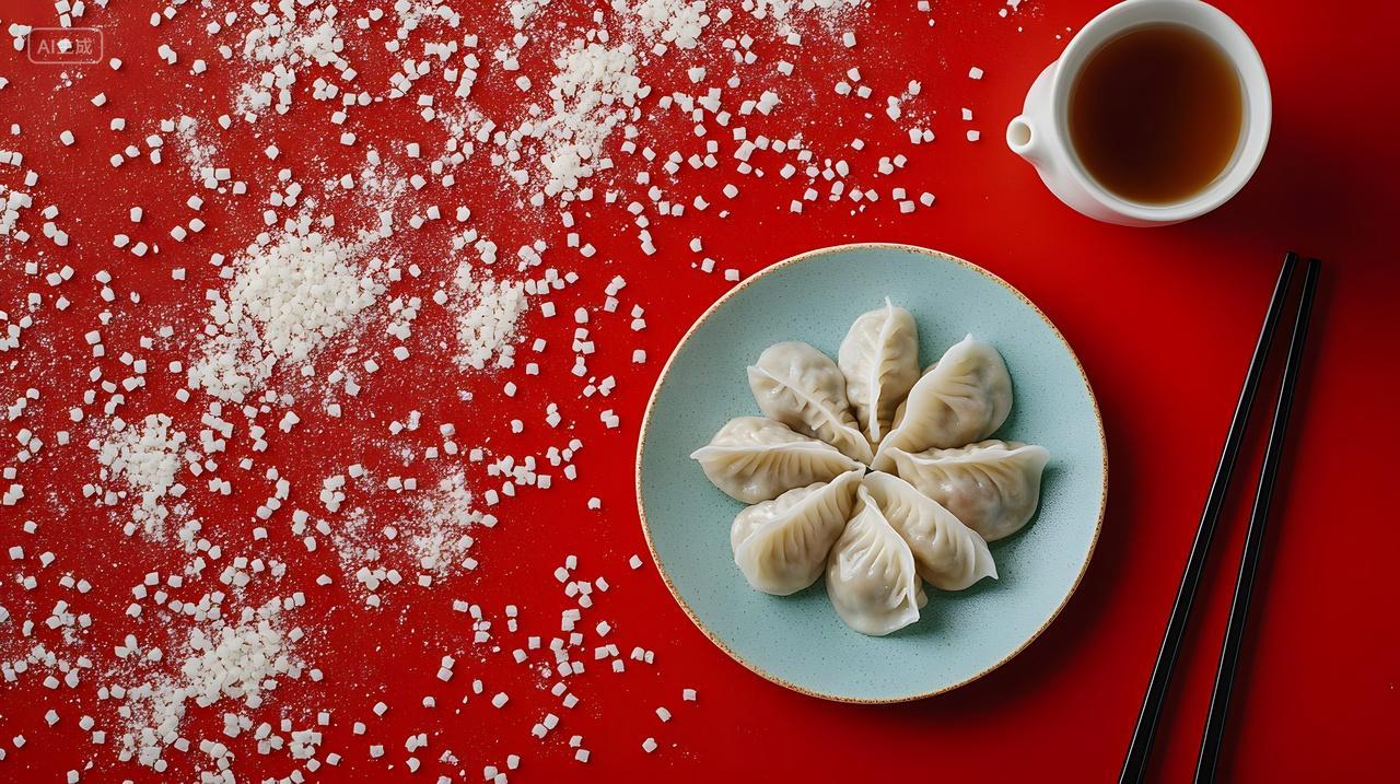冬至新年红色背景面粉洒落蓝盘饺子与茶中式美食