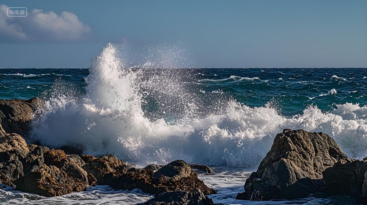 海浪拍打岩石海岛假期度假海滩大海浪潮浪花