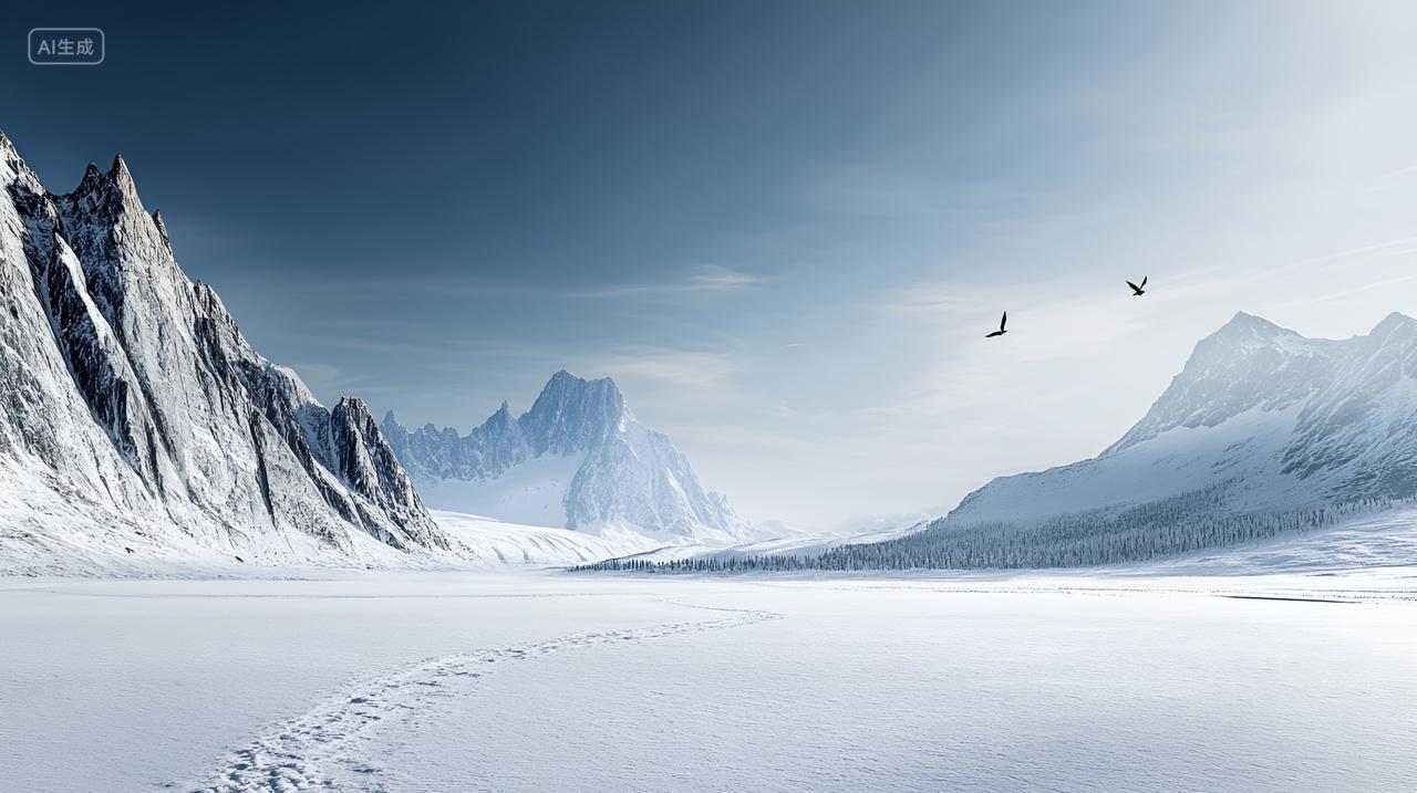 冬季下雪雪山山脉山峰脚印飞鸟国地理旅游