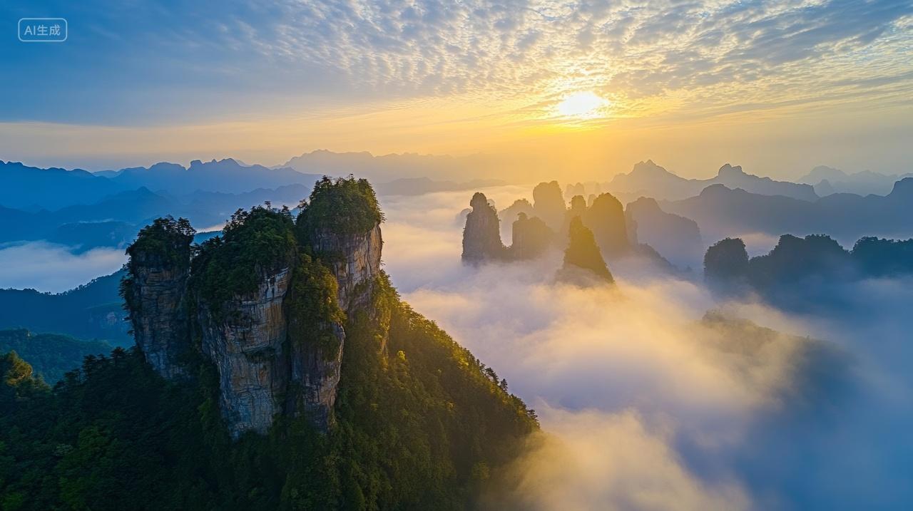 张家界云海雾气山峰山顶树林中国自然风景