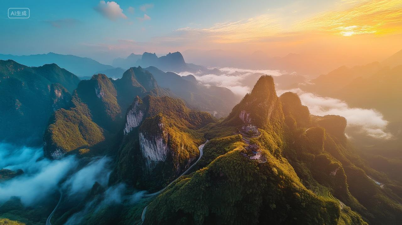 云海山峰日出安徽黄山雾气山顶中国自然风景