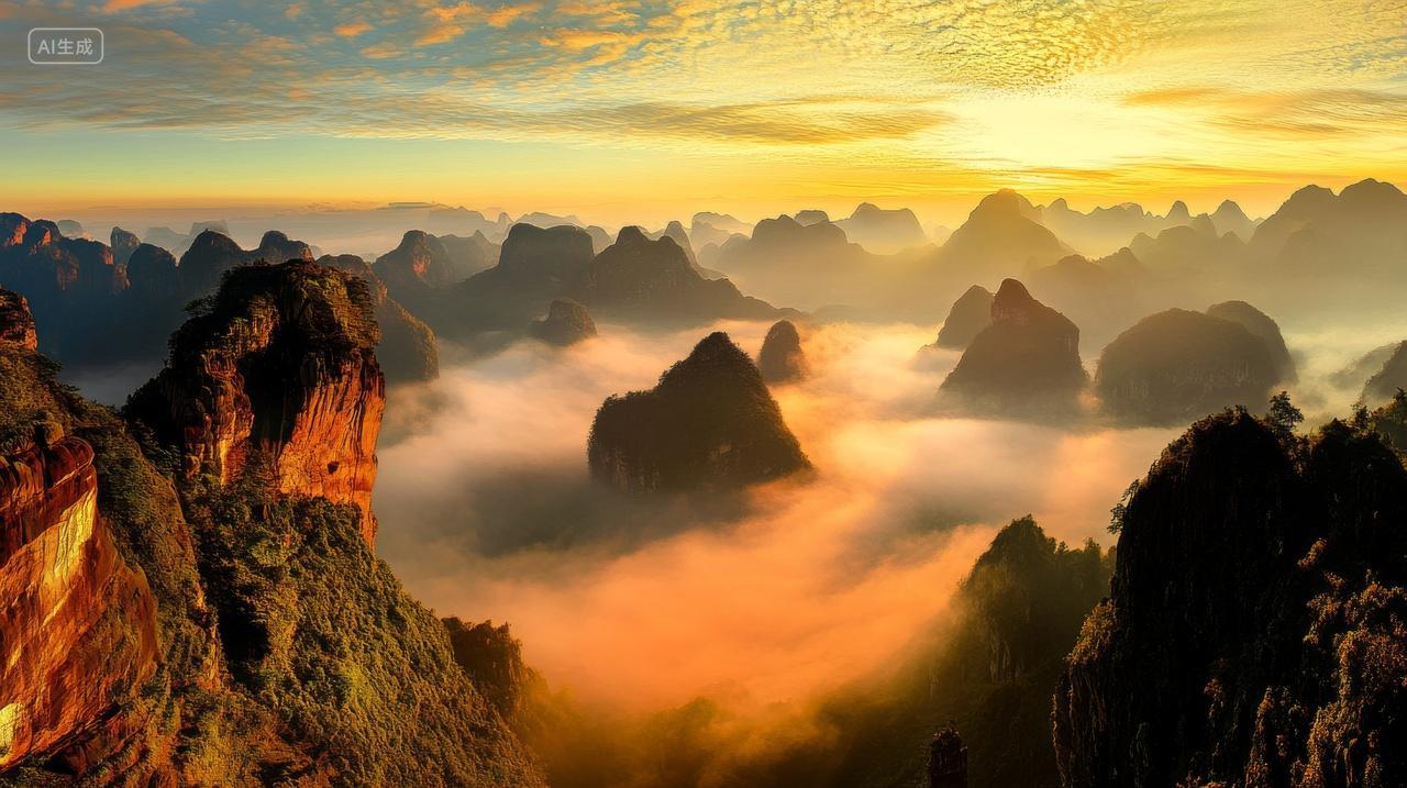 安徽黄山云海雾气山峰绿色壮丽中国自然风景