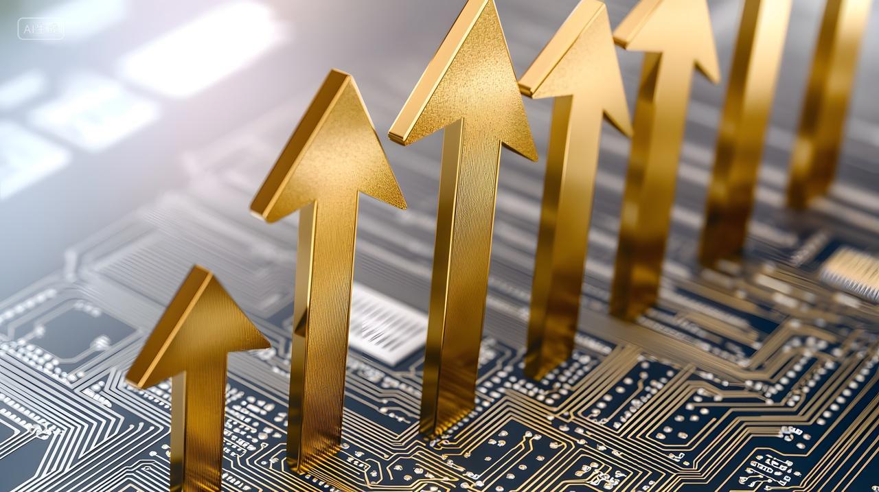 电路板上象征成长金色箭头