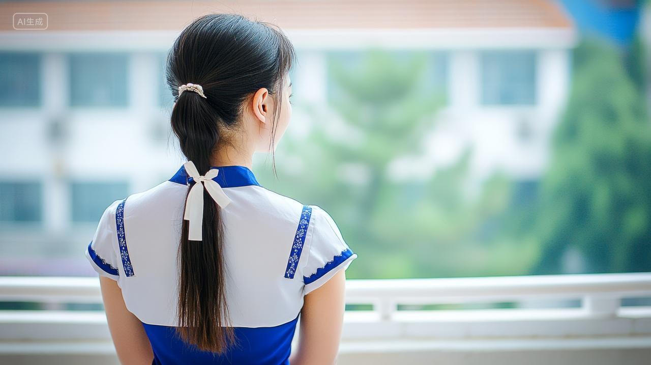 大学女生走廊阳台背影高中生大学生少女青春