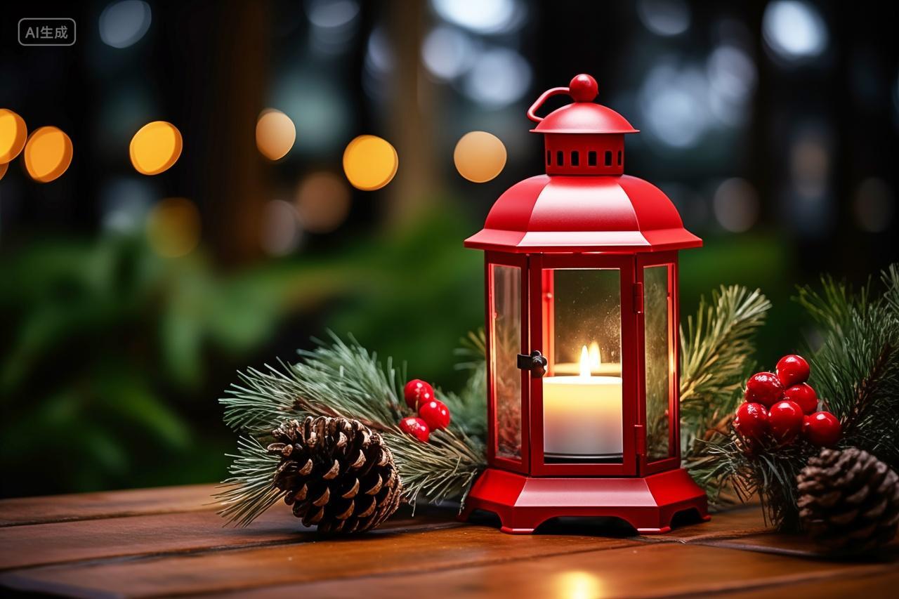 冬夜里的红灯笼圣诞礼物节日气氛