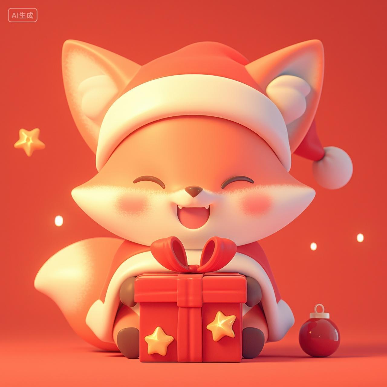 3D圣诞节插画抱着礼物盒子的狐狸