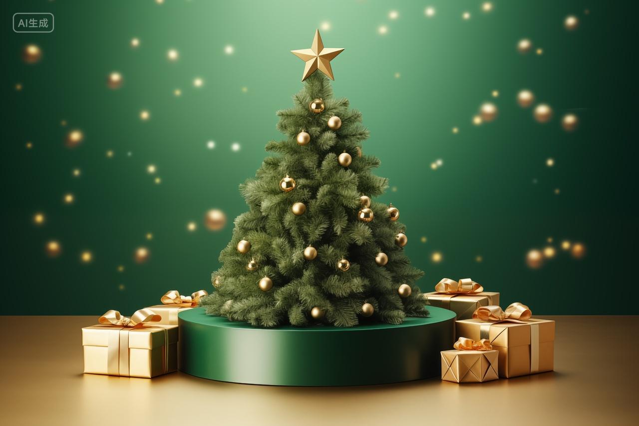 金色圣诞树与礼物节日电商