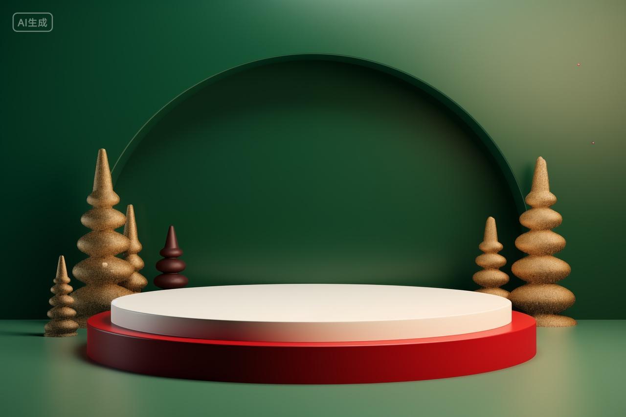 金色圣诞树背景的白色圆形展台节日电商