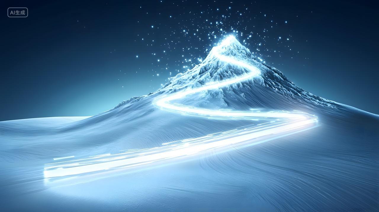 雪景中灯火通明山间小道