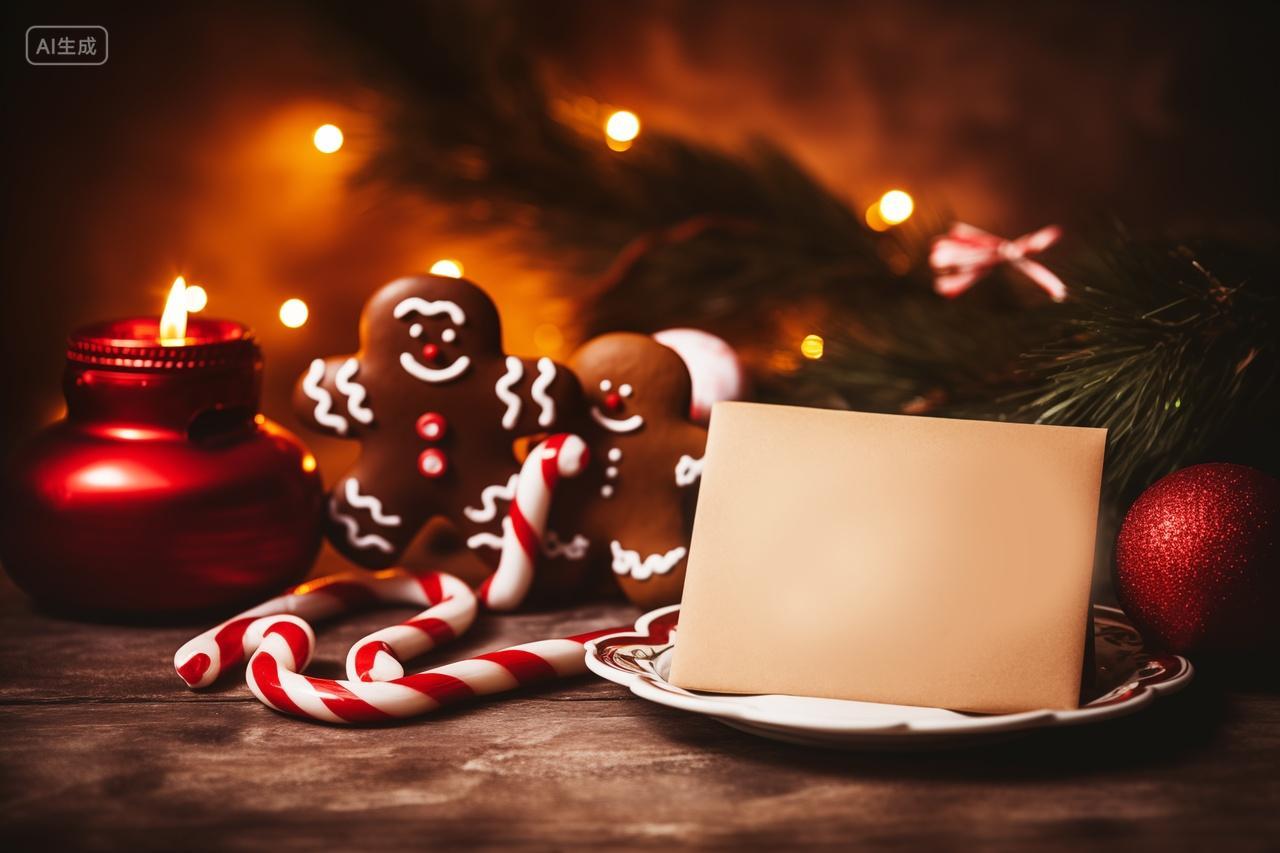 平安夜节日圣诞节姜饼人与信封