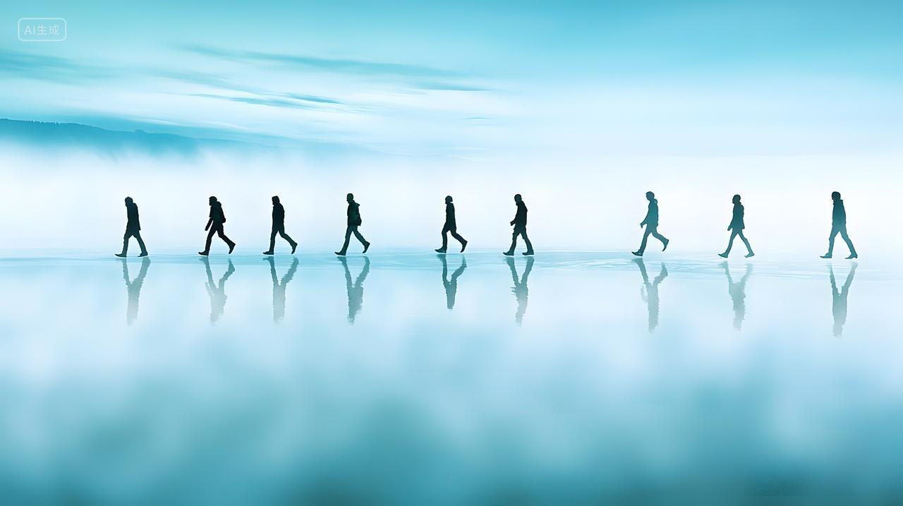 一系列人物在超现实风景中行走