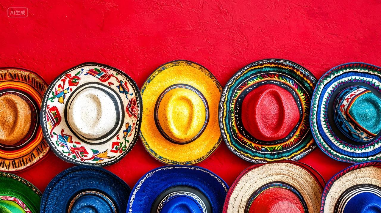 鲜艳红色背景上色彩鲜艳传统帽子